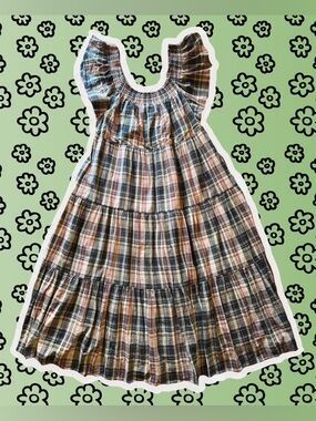 Madewell Flutter Sleeve Plaid Tiered Smocked Midi Dress in Navy & Pink